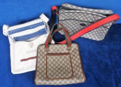 Gucci Bags, 3 Gucci canvas bags with leather trim to comprise a navy and red shoulder bag, a tan