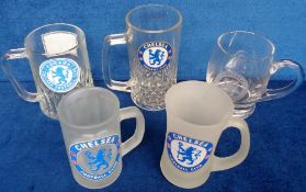 Football, Chelsea FC, beer glasses, 4 pint glasses with handles and 1 half pint with handle (gd) (