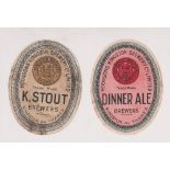 Beer labels, Hodgson's' Kingston Brewery, 2 vertical ovals, Dinner Ale, approx. 84mm high (gd) & K