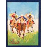 Horseracing, Artwork, Leo Casement, original Christmas card painted in 2010 showing 3 racehorses