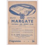 Football programme, Margate v Chelsea, 1st November, 1952, Friendly (gd) (1)