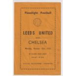 Football programme, Leeds United v Chelsea, 10 October 1955, Floodlit Friendly, 4 pages (tc, some