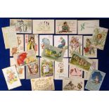 Postcards, a good greetings mix of approx. 25 cards with many embossed, inc. snowmen, matchstick men
