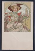 Postcard, Glamour, an Art Nouveau designed card illustrated by Alphonse Mucha, featuring a seated