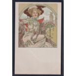 Postcard, Glamour, an Art Nouveau designed card illustrated by Alphonse Mucha, featuring a seated