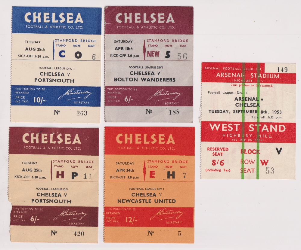 Football tickets, Chelsea FC, 1953/54, 5 tickets, 4 home matches v Portsmouth (2 different),