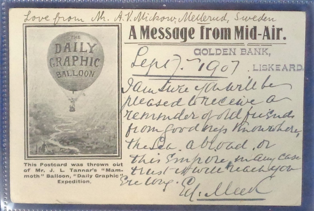 Postcard, Aviation, a Daily Graphic Balloon card 'Message from mid-air'. The card was thrown out