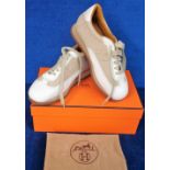 Hermes, ladies cream and tan canvas and leather sneakers, unmarked but probably size 37 with