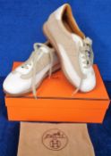 Hermes, ladies cream and tan canvas and leather sneakers, unmarked but probably size 37 with