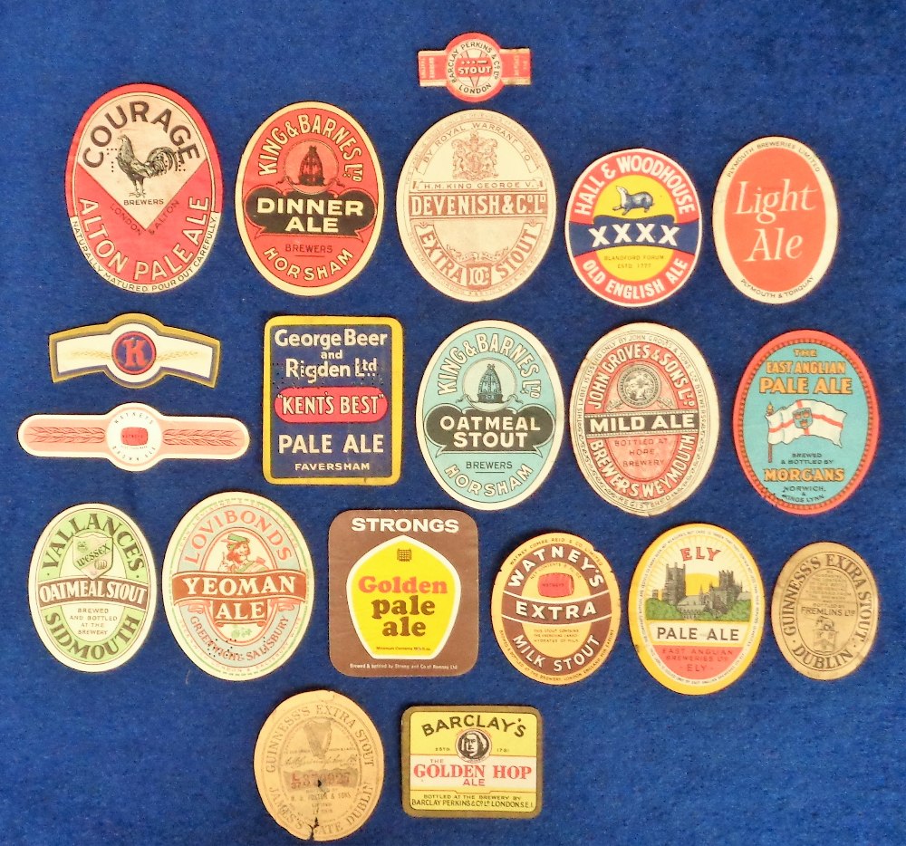 Beer labels, a selection of 20 labels, various Brewers and shapes including Courage, Alton Pale Ale,