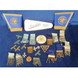 Masonic, a Masonic cardboard advertising box for Borsalino, a quantity of regalia badges (fabric and