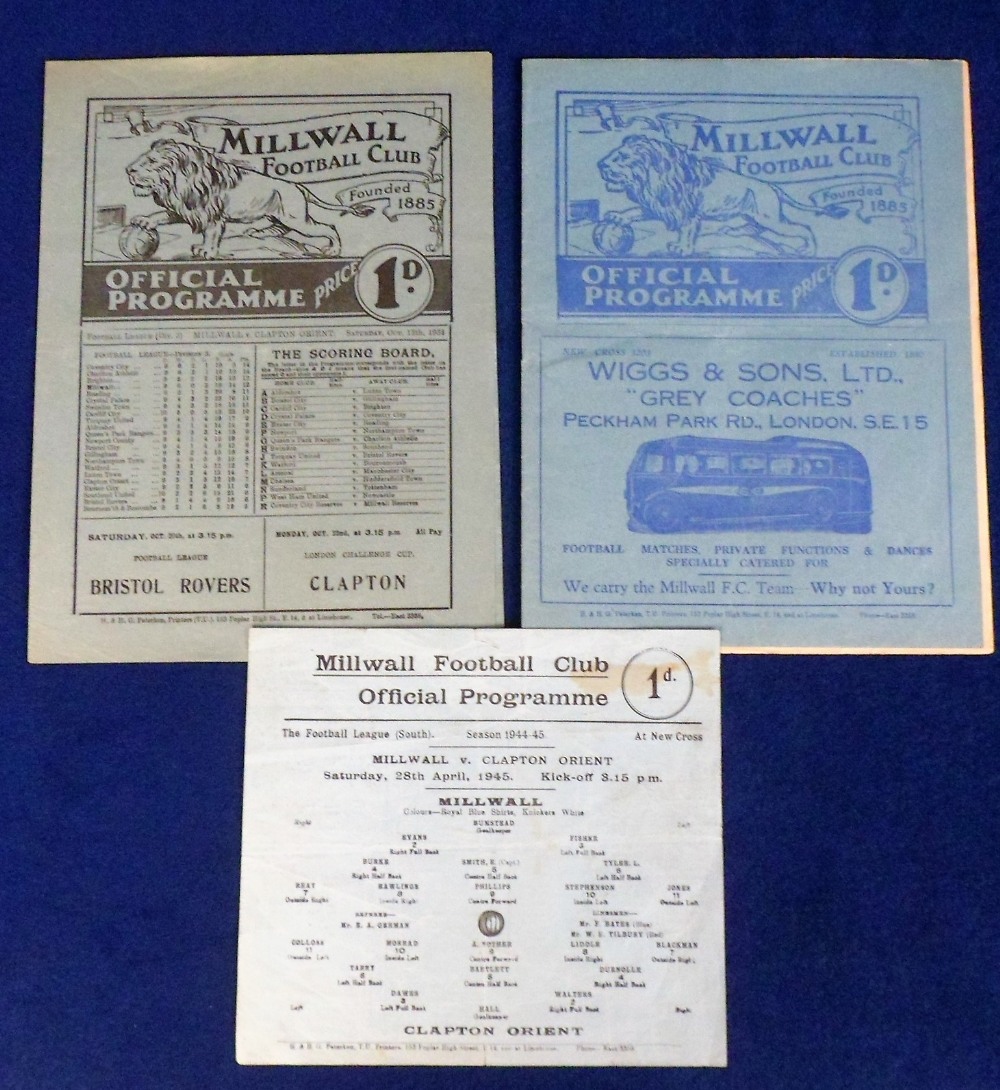 Football programmes, Millwall v Clapton Orient, three programmes, 13 October 1934 Division 3 (