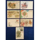 Postcards, Military, Boer War, mixed selection, 7 cards, artist drawn, Boer embossed Crest,