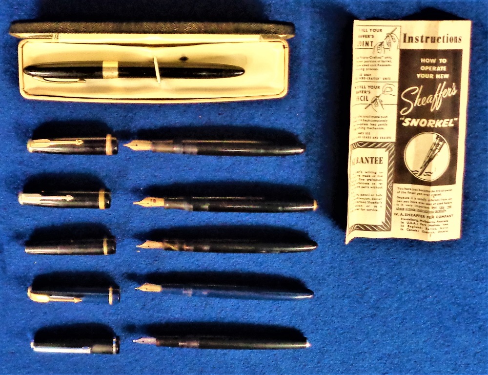 Fountain Pens, 6 pens to comprise 2 Parker Duofolds with 14K gold nibs, 2 Parker Juniors with 14K