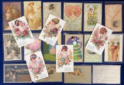 Postcards, Glamour, selection of 35 cards inc. Art Nouveau, Art Deco, Embossed, Gilded, Patel, B.M.