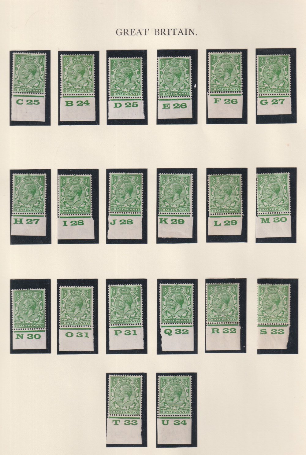 Stamps, GB KGV 1/2d Green, 1d scarlet and 1 1/2d red-brown control singles, UM, including D25 and