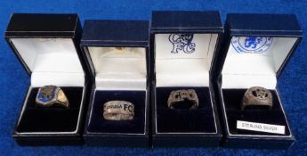 Football, Chelsea FC, 4 boxed rings to comprise 3 silver and 1 other (vg) (4)