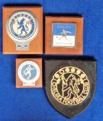 Football, Chelsea FC car badges, 3 vintage car badges all separately mounted on hardwood plaques
