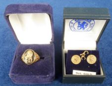 Football, Chelsea FC, 9ct gold ring with gold lion and CFC on a black 'stone' together with a
