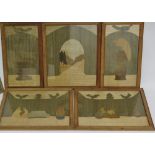 Rowley Galleries, five marquetry framed and glazed panels, circa 1930, largest 42 x 34cm.