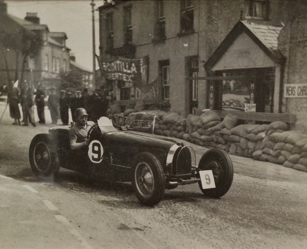 Three early 20th century racing car images, including one of C.E.G. Eccles, image size 20 x 25cm,