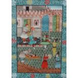 An Indian Moghul School painting of a courtyard scene with a dignatory, attendants, dancers and
