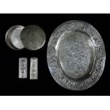 An Indian silver oval dish decorated with animals in a forest, weight 2.2oz approximately,