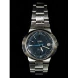 A 1970s Omega Geneve Dynamic Automatic gentlemans stainless steel wristwatch, with deep blue dial,