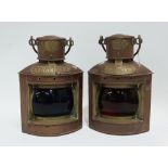A pair of copper and brass ship's port and starboard lamps by A.T. Chamberlain & Co. London,