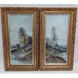 A pair of oil on panel river landscapes signed J. Hall, framed and glazed, 80 x 35cm.
