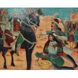 A Qajar School early 20th century oil on canvas, a mounted noble man and his cavalry overseeing an