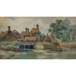 A late 19th century English School watercolour of riverside houses, framed and glazed, picture