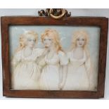 MINIATURE - A 19th century miniature on ivory of three sisters in white gowns, 10 x 7.6cm.