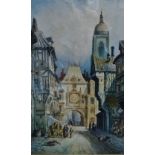 Giles James Keats, a view of Le Gros Horloge, Rouen, Normandy, France, watercolour, framed and