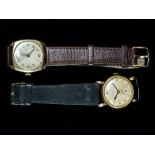 Two mid 20th century yellow metal gentlemans wristwatches, one marked Hefik to the dial.