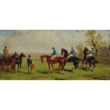 J. Woog, a pair of horse racing scenes, oil on board, each signed, each 14 x 30.5cm.