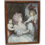 MINIATURE - A late 19th/early 20th century miniature on ivory of an aristocratic lady with her two