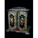 A Victorian black lacquer abalone inlaid, painted and gilded table top writing slope-cabinet in