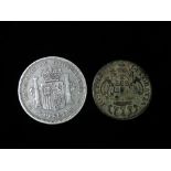 A Spanish silver five pesetas coin 1871, weight .88oz, together with a Portuguese ten reis coin