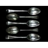Five mid 18th century silver serving spoons, all with various stretched marks, total weight 10.77oz