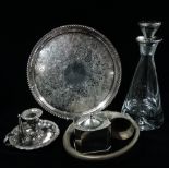 A circa 2000 silver mounted carafe, together with three silver plated items and an early 20th