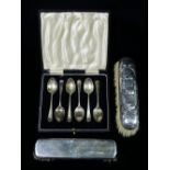 A set of silver teaspoons, Sheffield 1937, weight 2oz approximately, boxed, together with two silver