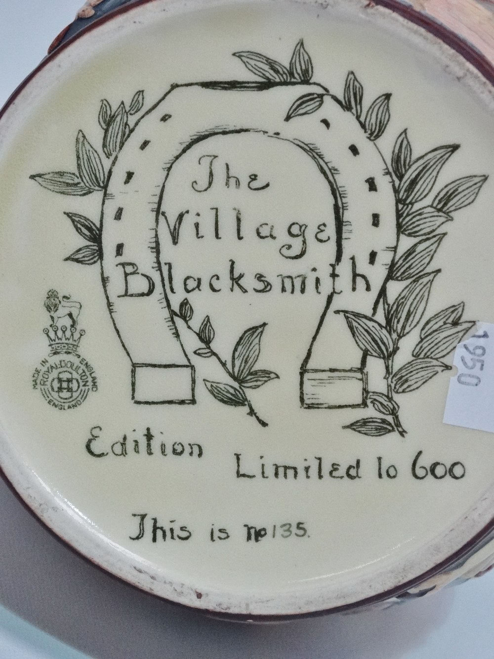 A Royal Doulton pottery limited edition jug 'The Village Blacksmith', Edition No. 135/600, height - Image 2 of 3
