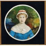 A late 19th century circular pottery wall plaque, painted with a portrait of a young lady in a