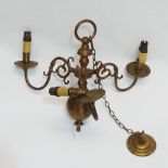 An 18th century Dutch style brass three branch pendant chandelier, height excluding chain 40cm.