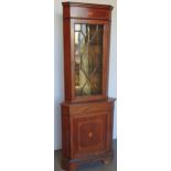 A late 19th century mahogany and inlaid corner display cabinet, fitted an astragal door and blind