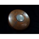 A treen oak and silver box and cover, the lid inset a plaque inscribed 'Made from wood found in