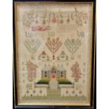 A fine early 19th century sampler by Elizabeth Muir dated 1812, decorated with a four pillar country