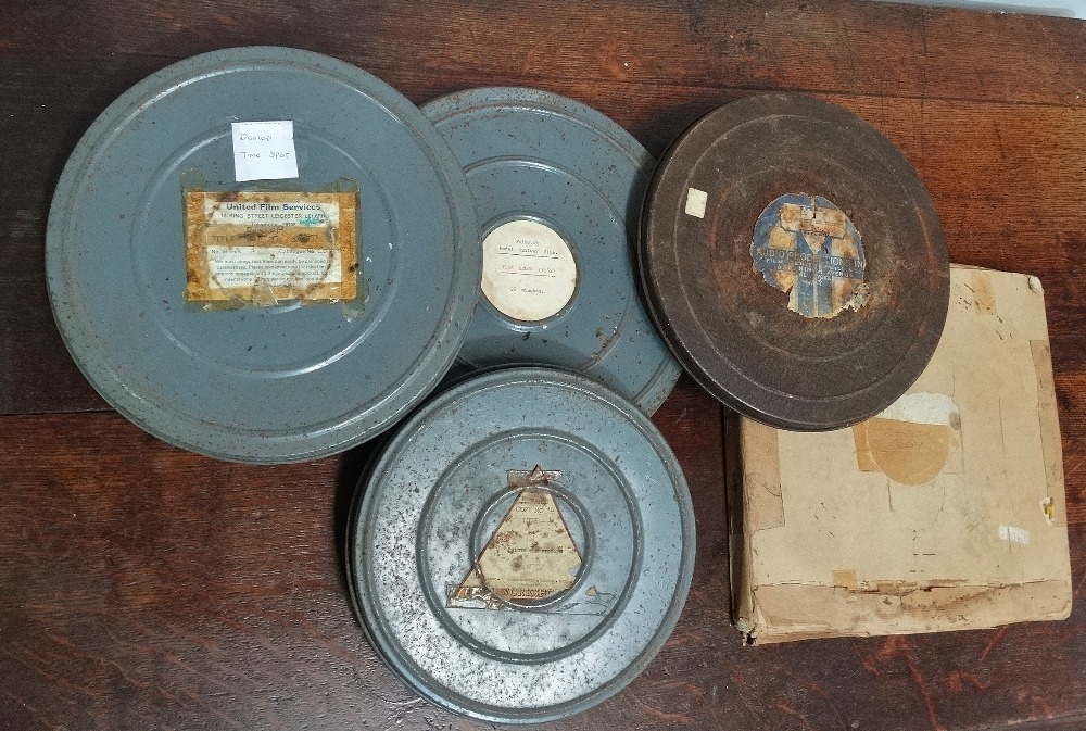 Five 8mm cine film reels, including 'Dunlop Time Spot', 'Salute The Victory', 'American