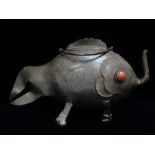 An oriental bronzed spelter teapot in the form of a fish with hardstone eyes, length 33cm (AF).